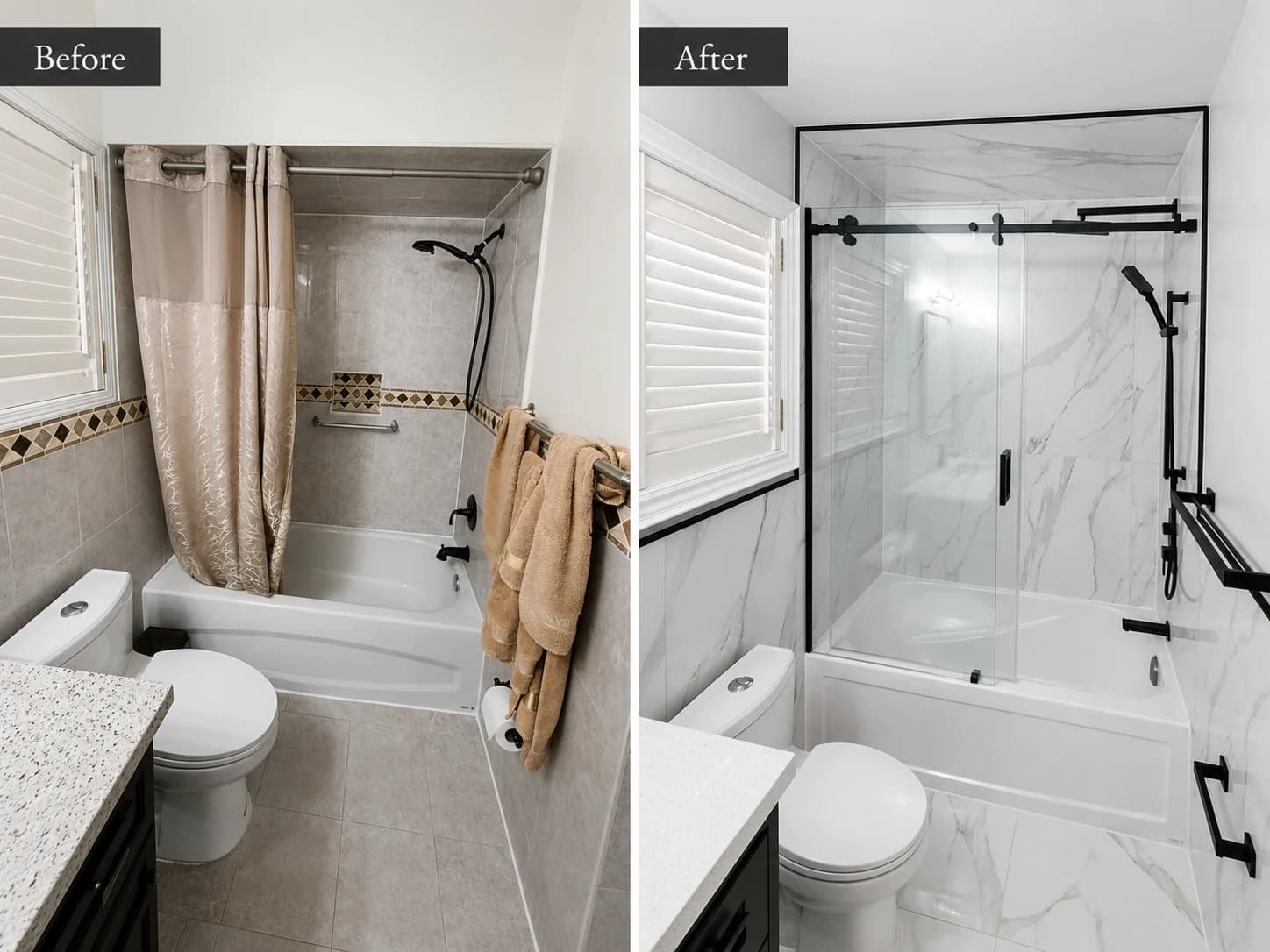 Before and after bathroom tub and shower renovation with glass enclosure and marble-look wall finish