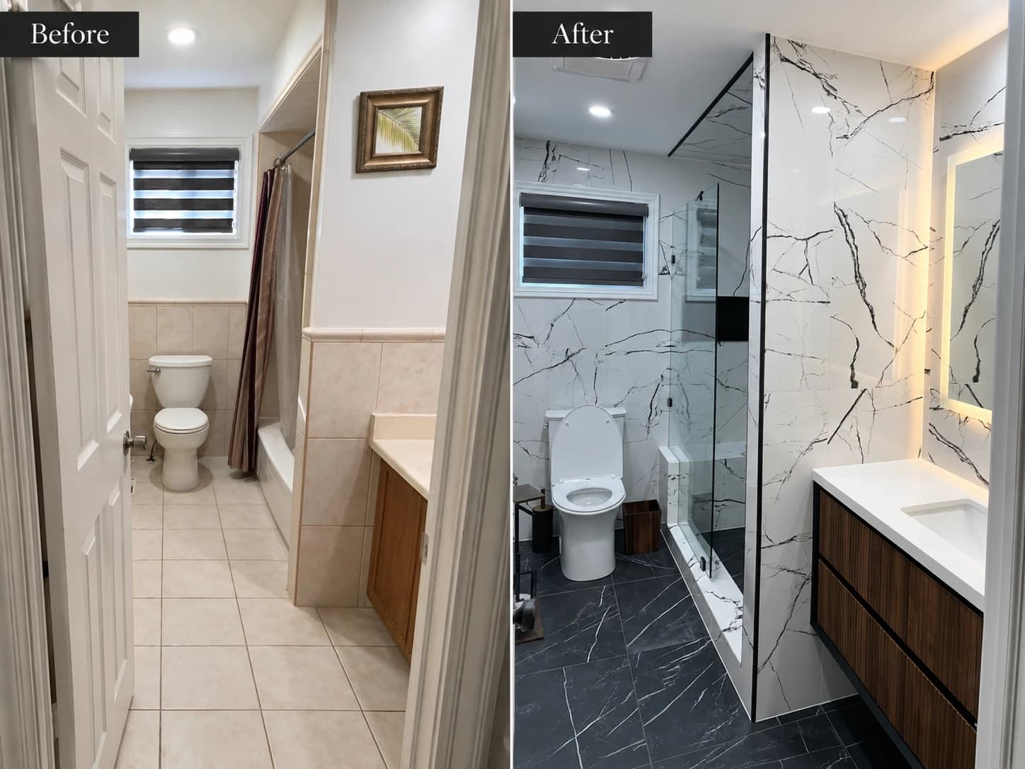 Before and after bathroom renovation with marble-look walls, glass shower, black fixtures, and modern vanity